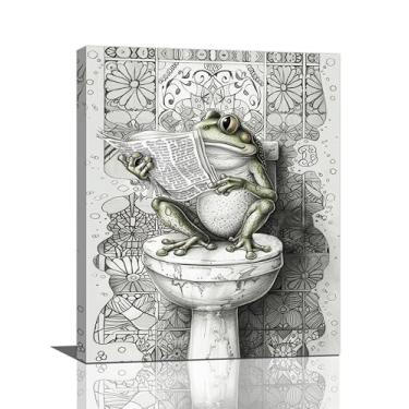 Imagem de Sapo engraçado decoração de banheiro arte de parede sapo preto e branco imagens vintage pintura em tela arte decoração emoldurada presentes para mulheres menina banheiro 40,6 cm x 50,8 cm