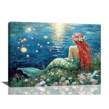 Imagem de Arte de parede de sereia, decoração de parede de imagens de sereia, pintura impressa em tela do oceano azul, arte emoldurada da noite da lua para banheiro meninas quarto sala de estar decoração de