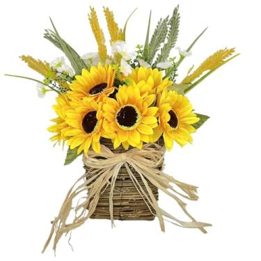 Imagem de LUMINFLY Cesto floral de girassol para pendurar, porta frontal externa para todas as estações, cestas de fita de serapilheira flores, 25 cm x 38 cm, decoração amarela artificial