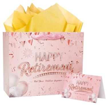 Imagem de Conjunto grande de sacolas de presente de aposentadoria – sacos cor-de-rosa, cartão extravagante, alça de fita de papel de seda dourada com lindo design de balão rosa-dourado para mulheres aposentadas