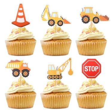 Imagem de 36 peças de topos de cupcake de construção, escavadeira, escavadeira, decoração de topo de bolo de caminhão basculante, tema de construtor de desenhos animados, escolhas de sobremesa para crianças