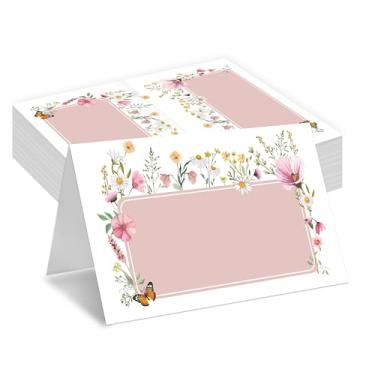 Imagem de Cartões de lugar florais, cartões de assento para mesa, pacote com 25 cartões semidobrados, suprimentos de lembrancinhas de festa de flores silvestres, cartões de nome para festa de aniversário, chá