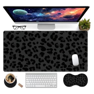 Imagem de Tapete de mouse grande + suporte ergonômico para o pulso + conjunto de porta-copos para jogos, mouse e teclado, protetor de mesa com bordas costuradas e base antiderrapante - estampa de chita de