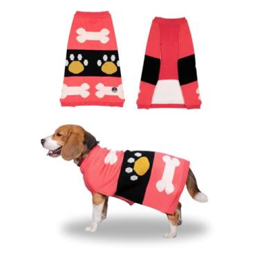 Imagem de Petsnugs Suéter de cachorro com design de osso e pata rosa, 61 cm de comprimento, malha macia com forro de lã, confortável para chow chow, husky, labradores finos (tamanho GG), roupa aconchegante e