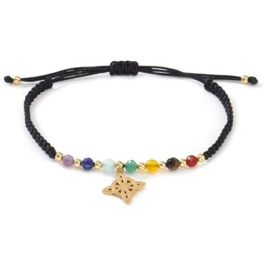 Imagem de EQUBIO Pulseira feminina de macramê de nó de bruxa, pingente de nó celta de aço inoxidável dourado de 20 mm com contas de pedra preciosa de 4 mm, cordão trançado ajustável, joia talismã de proteção