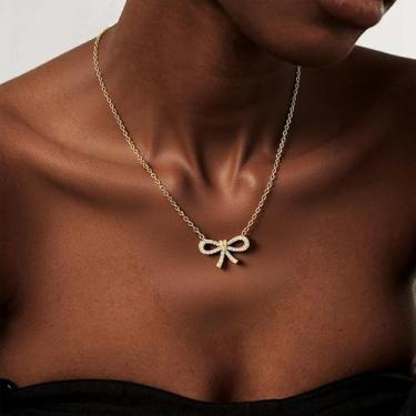 Imagem de Colar de laço dourado para mulheres, presentes de amizade fofos para mulheres, presentes de Natal, joias, Medium, Latão, Sem Pedra Preciosa