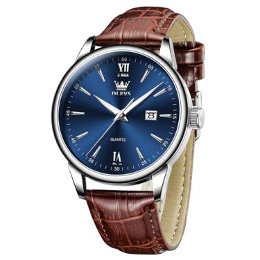 Imagem de OLEVS Relógios de couro masculinos com pulseira de couro para homens com data, à prova d'água, rosto grande, fácil leitura, casual, quartzo, analógico, minimalista, Relojes para Hombres, Couro marrom