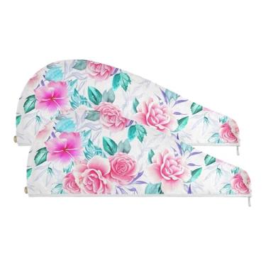 Imagem de SEHANY Toalha de cabelo de microfibra Elegant Roses para mulheres, 2 peças, turbantes de cabelo de secagem rápida com botão, touca de cabelo seco absorvente toalha de secagem de cabelo para cabelos