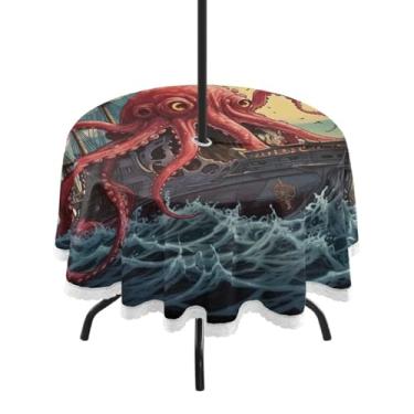 Imagem de ATTX Toalha de mesa redonda com onda de polvo marinho – 152 cm, impermeável, à prova de derramamento, uso interno/externo, com orifício para guarda-chuva com zíper para acampamento, piquenique, praia