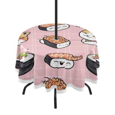 Imagem de ATTX Toalha de mesa redonda com estampa kawaii Sushi – 152 cm, impermeável, à prova de derramamento, uso interno/externo, com orifício para guarda-chuva com zíper para acampamento, piquenique, praia