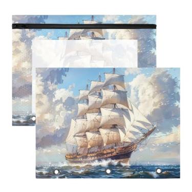 Imagem de Blueangle Bolsa grande para lápis Clipper Ship para fichário de 3 anéis, 2 pacotes com bolsa de lápis com janela transparente para documentos com zíper para escritório (355)
