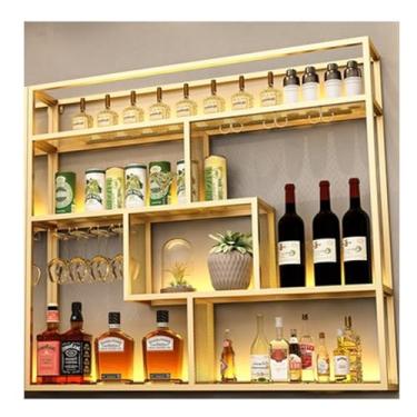 Imagem de HGTRH Rack de vinho montado na parede com luzes, arte de parede de suporte de vinho, prateleiras flutuantes para parede com prateleiras de copos de vinho industrial Morden garrafa de licor expositor