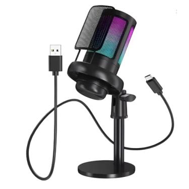 Imagem de Microfone Gamer Preto Condensador USB Para Gamer, Podcast, Live, PC/Mac Com Mudo Rápido, Indicador RGB, Suporte De Tripé, Suporte De Choque, Controle De Ganho