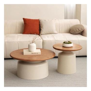 Imagem de HGTRH Mesa de centro redonda, conjunto de 2 mesas de nidificação com acabamento de madeira em estilo creme, mesa de cabeceira lateral de sofá para quarto, base de aço carbono, conjunto de madeira