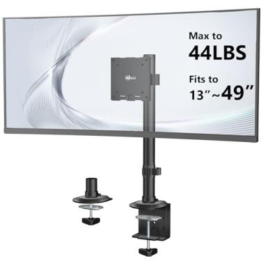 Imagem de WALI Suporte de mesa de braço de monitor único resistente para telas de 13 a 49 polegadas, suporte de monitor ultra amplo com inclinação de movimento total, rotação, suporta até 20 kg, suporte de