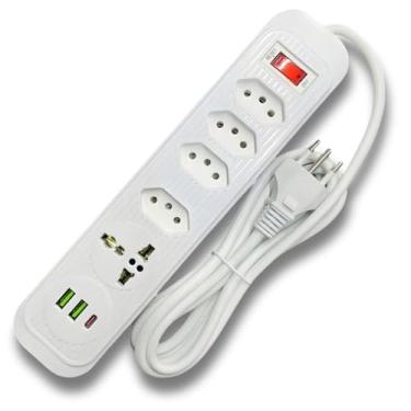 Imagem de Extensão Elétrica Filtro de Linha 4 Tomadas + 2 USB + 1 USB-C, 1 Tomada Universal, Cabo 1,9m, Régua de Energia Branca, Proteção Contra Surtos e Raios, Home Office, Gamer, Escritório (Branco)