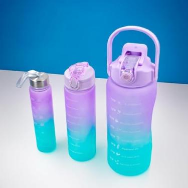 Imagem de Kit 3 Garrafas Degradê com Marcador de Tempo – 2L, 900ml e 300ml, Alça Removível e Adesivos | Hidratação para Academia, Escola e Viagens