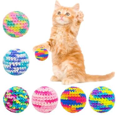 Imagem de TUSATIY Pacote com 6 bolas de brinquedo para gatos com sinos, brinquedo interativo colorido e macio, fio de lã para gatinhos tricotados à mão, bolas de brinquedos para gatos em ambientes internos