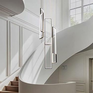 Imagem de Lustre LED moderno - Luminária retangular preta ajustável com 6 anéis para sala de estar, hall de entrada e pé direito alto - Luminária de teto suspensa