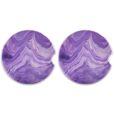 Imagem de CEBUGI 2 peças de porta-copos de carro para porta-copos de cerâmica de 6,3 cm com entalhe de dedo absorvente porta-copos de copo de carro com textura de mármore roxo para mulheres e homens