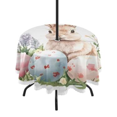 Imagem de CEBUGI Toalha de mesa redonda para uso ao ar livre, coelho da Páscoa, impermeável, com furo Umberlla, capa de mesa lavável para pátio, cozinha, sala de jantar, 152 cm