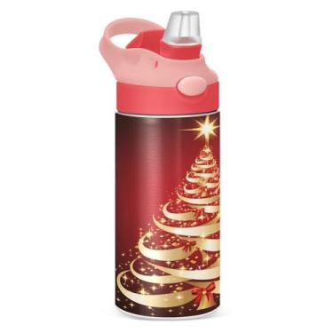Imagem de YETTASBIN Garrafa de água de árvore de Natal para crianças, 340 g, à prova de vazamento, parede dupla, isolada, copo de viagem com tampa de canudo para meninas, meninos e crianças