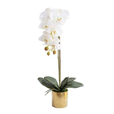Imagem de Conjunto de flores artificiais, flores artificiais Phalaenopsis com plantador, orquídea artificial em vaso, flor falsa para sala de estar