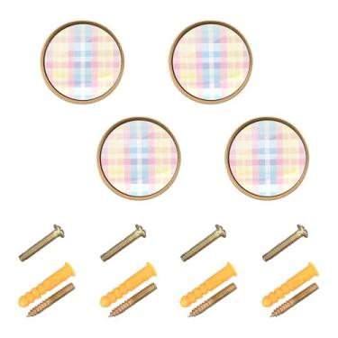 Imagem de CEBUGI Conjunto de 4 puxadores de armário coloridos quadriculados redondos puxadores de gaveta com parafusos puxadores de armário de cozinha para gaveta porta guarda-roupa cômoda