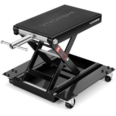 Imagem de VIVOHOME Macaco de elevação para motocicleta de aço de 500 kg para ATV tesoura de elevação com Dolly e Deck Largo, manivela de mão para reparo de garagem, suporte preto