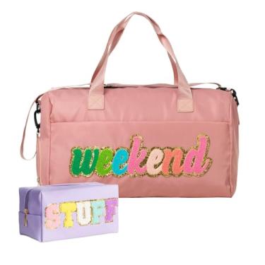 Imagem de 2 peças de bolsa de viagem de fim de semana para mulheres, bolsa de festa do pijama, bolsa noturna com compartimento de sapatos, bolsa de fim de semana, bolsa de ginástica, hospital, item pessoal com