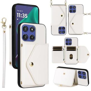 Imagem de Dswteny Capa carteira para Motorola Moto G Stylus 5G 2025 com cordão de pulso alça de ombro fina, porta-cartões de crédito de couro PU acessórios capa de celular para G5 mulheres homens branca