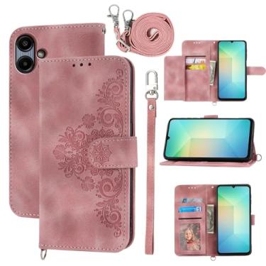 Imagem de Dswteny Capa carteira para Samsung Galaxy A06/A07 com alça de pulso, alça de ombro transversal, capa de celular flip de couro em relevo para AO6 5G/AO7 4G A 06 07 LTE mulheres meninas rosa