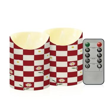 Imagem de Wassud Velas de flor xadrez vermelha branca sem chama com controle remoto, velas realistas cintilantes com temporizador, velas decorativas para Natal, casamento, festa, decoração de casa pequenas