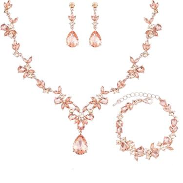 Imagem de chaoyite Conjunto de joias de casamento para mulheres, colar floral para noivas, brincos e pulseiras, acessórios de fantasia de festa de formatura de cristal para noiva #0015, 42, Liga de cobre