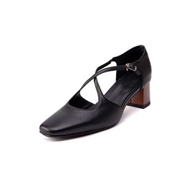 Imagem de TinaCus Sapato feminino de couro legítimo, bico quadrado, feito à mão, com fivela de cinto cruzado, salto baixo e grosso, Preto, 38