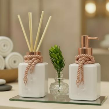 Imagem de Kit Lavabo com Frascos Cubo 300ml – Aromatizador, Saboneteira, Bandeja e Vaso Decorativo para Banheiro(Branco com Rose)