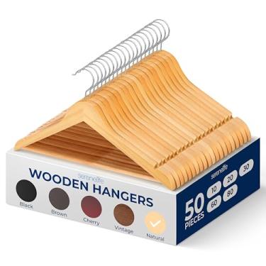 Imagem de Cabides de madeira maciça, mega pacote, 50 peças de ganchos para roupas, conjunto de cabide de terno resistente com gancho giratório cromado de 360 graus, design entalhado, cor de madeira natural