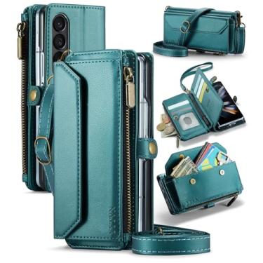 Imagem de YYTVN Capa carteira para Samsung Galaxy Z Fold 7 com zíper e alça de cordão transversal e alça de pulso, capa flip magnética de couro PU com bloqueio de RFID para Galaxy Z Fold 7 - verde