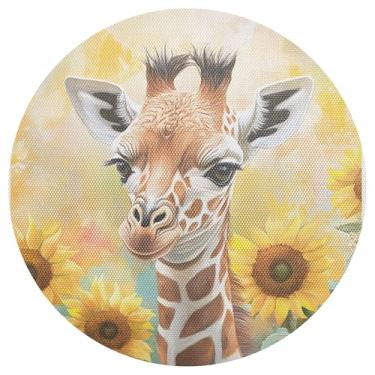 Imagem de Jogo americano girafa girassóis círculo amarelo conjunto de 1 jogo americano redondo de PVC 38 cm jogo americano de mesa de cozinha tapetes de mesa laváveis para festa de Natal