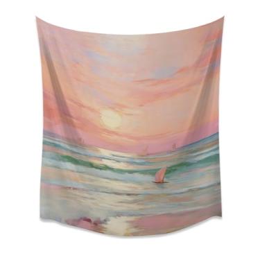 Imagem de Tapeçaria de veleiro oceano pastel para pendurar na parede céu rosa paisagem marítima costeira decoração boho para quarto, dormitório, sala de estar, praia, casa, apartamento, presente, aquarela