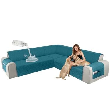 Imagem de ALIECOM Capas de sofá seccionais de canto, à prova d'água, laváveis, em forma de L, capa de sofá, geométrica, jacquard, capa de móveis com alça ajustável para cães de estimação (grande, azul lago)