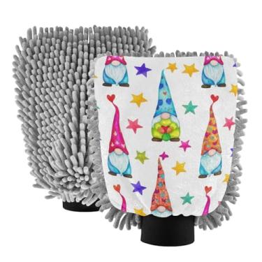Imagem de ODAWA Pacote com 2 luvas de lavagem de carro fofas de gnomos estrelas, espuma de chenille, sem arranhões, canhão, luva para lavagem de carro 18 x 26 cm
