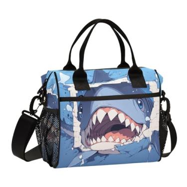 Imagem de GAIGEO Lancheira térmica de tubarão azul em parede quebrada azul para adultos, bolsa de almoço, suporte de bebida, lancheira feminina isolada para trabalho, P