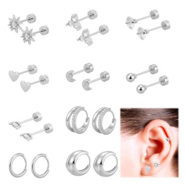 Imagem de 10 Pares Brincos com Base Plana, Pequenos Argola Delicados em Cobre com Zircônia Brincos Pino Base Plana Usar Conjunto Acessórios Joias da Moda Adequados para Mulheres (Prateado)