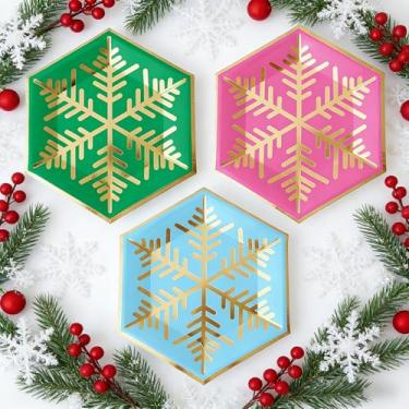 Imagem de JarThenaAMCS 48 peças de pratos de papel de Natal, floco de neve, folha dourada, descartáveis, pratos hexagonais decorativos de 25,4 cm, prato de sobremesa para festa de Natal, inverno, suprimentos de
