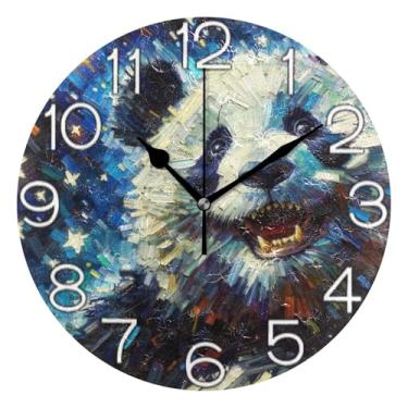 Imagem de Relógio de parede analógico decorativo funky alimentado por bateria para quarto e cozinha, arte de parede boho decoração de casa fofo panda noite estrelada, 25 cm, ponteiros pretos