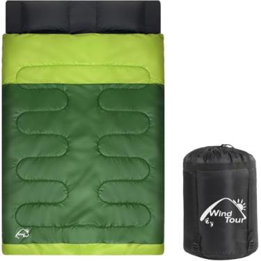Imagem de Saco de dormir duplo com 2 travesseiros – Saco de dormir leve para 2 pessoas, algodão para adultos e adolescentes para acampamento, mochilão, caminhada com bolsa de transporte para frio e quente