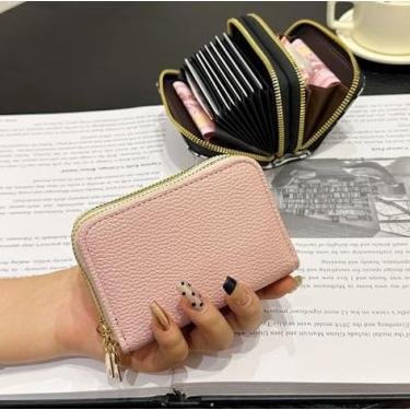 Imagem de Carteira feminina de couro genuíno com dobra dupla/tripla - Suporte minimalista para cartão de crédito com bloqueio de RFID e bolso para moedas, rosa, Casual