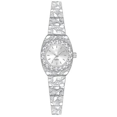 Imagem de BESTKANG Relógio de pulso feminino de luxo, vestido de diamante de cristal com bisel de strass, relógio analógico de quartzo, presente elegante para ela, Prata, Tendência