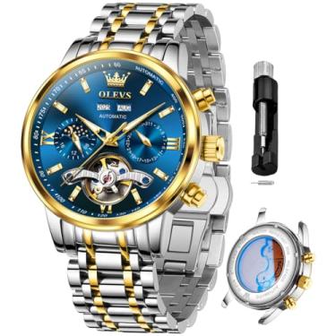 Imagem de OLEVS Relógios automáticos masculinos mecânicos luxuosos com corda automática, vários calendários, aço inoxidável, à prova d'água, relógios de pulso para homens, relógios azuis 6074, relógio masculino